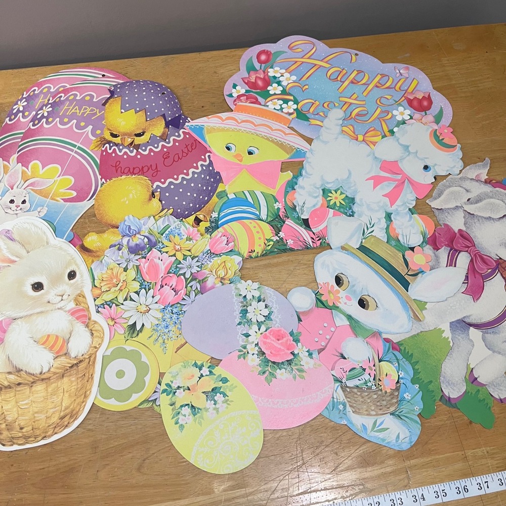 Vtg Eureka‎ Easter Cardboard Wall Hangings Lot 13 Bunny Chick Lamb Retro Decor